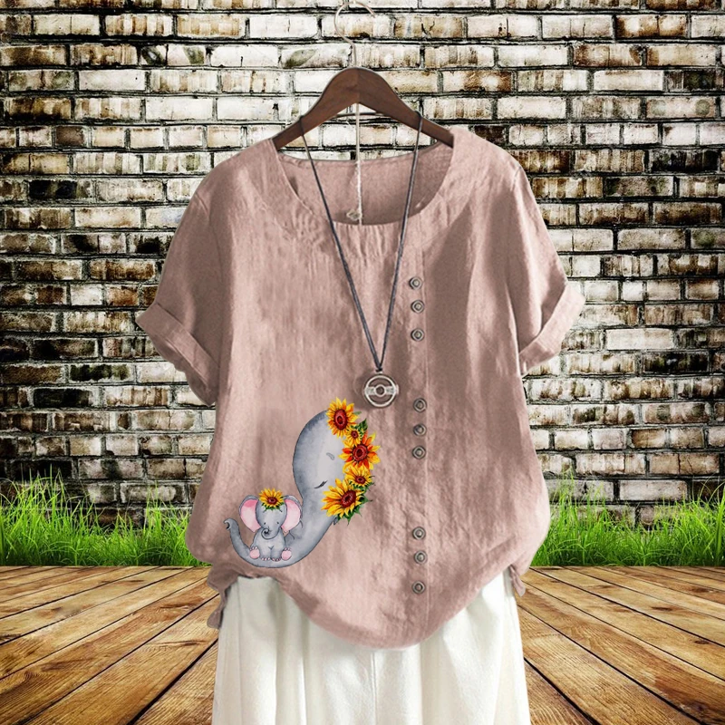 

Western Style Women Summer Elephant Printed Round Neck Short Sleeve T Shirt Casual Loose Plus Size Solid Color Cotton Linen Top