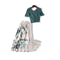 2022 womens summer new high end temperament v neck short sleeve knit top elastic waist fashion printed skirt two piece set