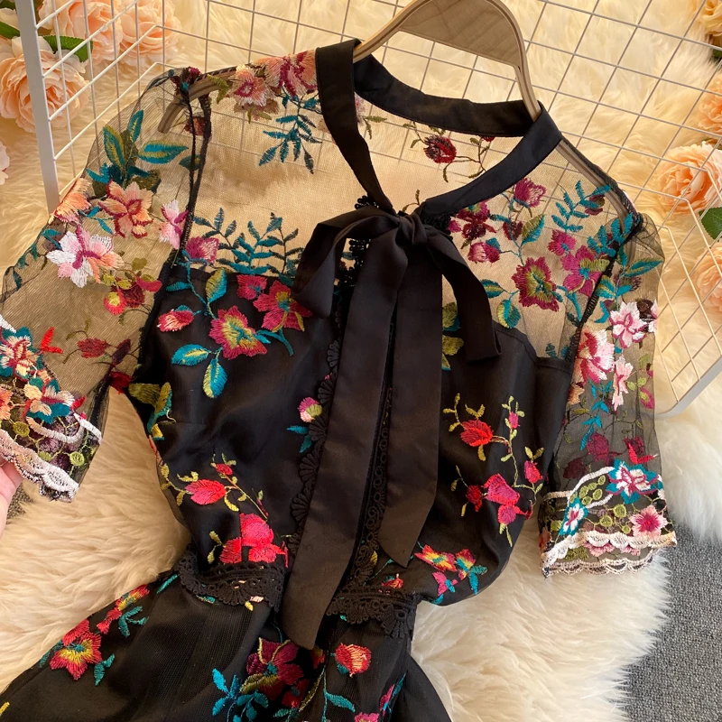 Fitaylor Summer New Arrival Women Vintage Mesh Floral Embroidery Maxi Dress Ladies Retro Bow A-line Slim Party Plus Size | Женская