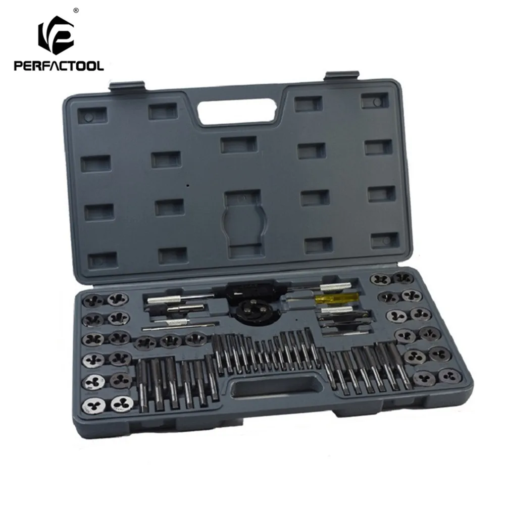 PERFACTOOL 60pcs Tap And Die Set Thread Tap Right Hand Plug Taps Screw Tap Drill Bit Thread Wrench Die Threading Tool