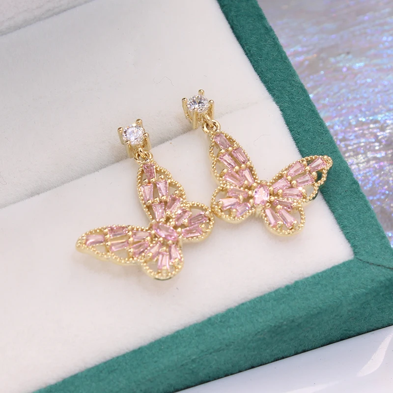 

Pink Crystal Butterfly Earrings New Sight 2022 Fashion Brand Jewelry Delicate Zirconia Stud Earrings for Women Gift
