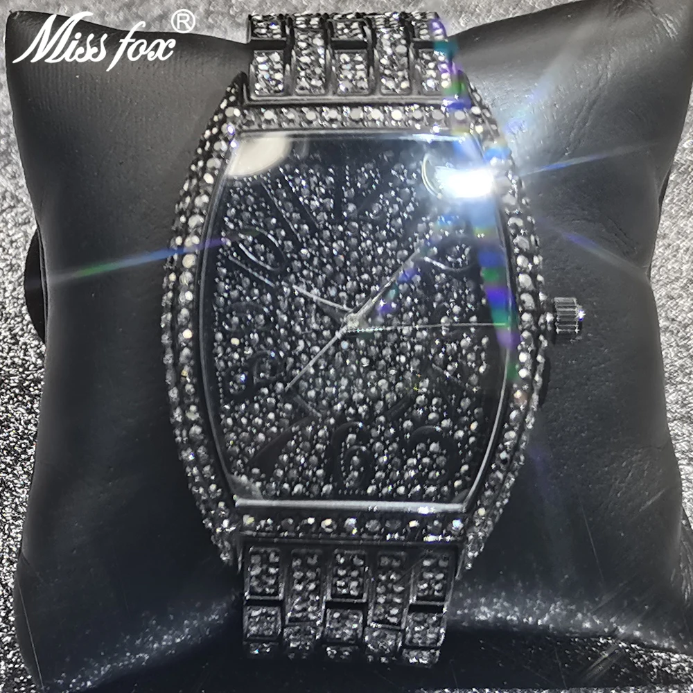 

Luxury MISSFOX Men Watch Black Tonneau Model Fully Iced Out Diamond Watches Business Waterproof Dive Bling Male Jewelry Clocks