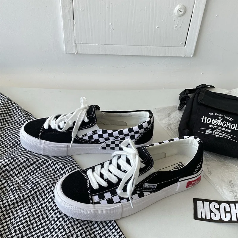 

Холщовые кроссовки в клетку с логотипом Ins Port Flavor Ulzzang, повседневная Студенческая обувь в студенческом стиле для скейтборда, женские кроссов...