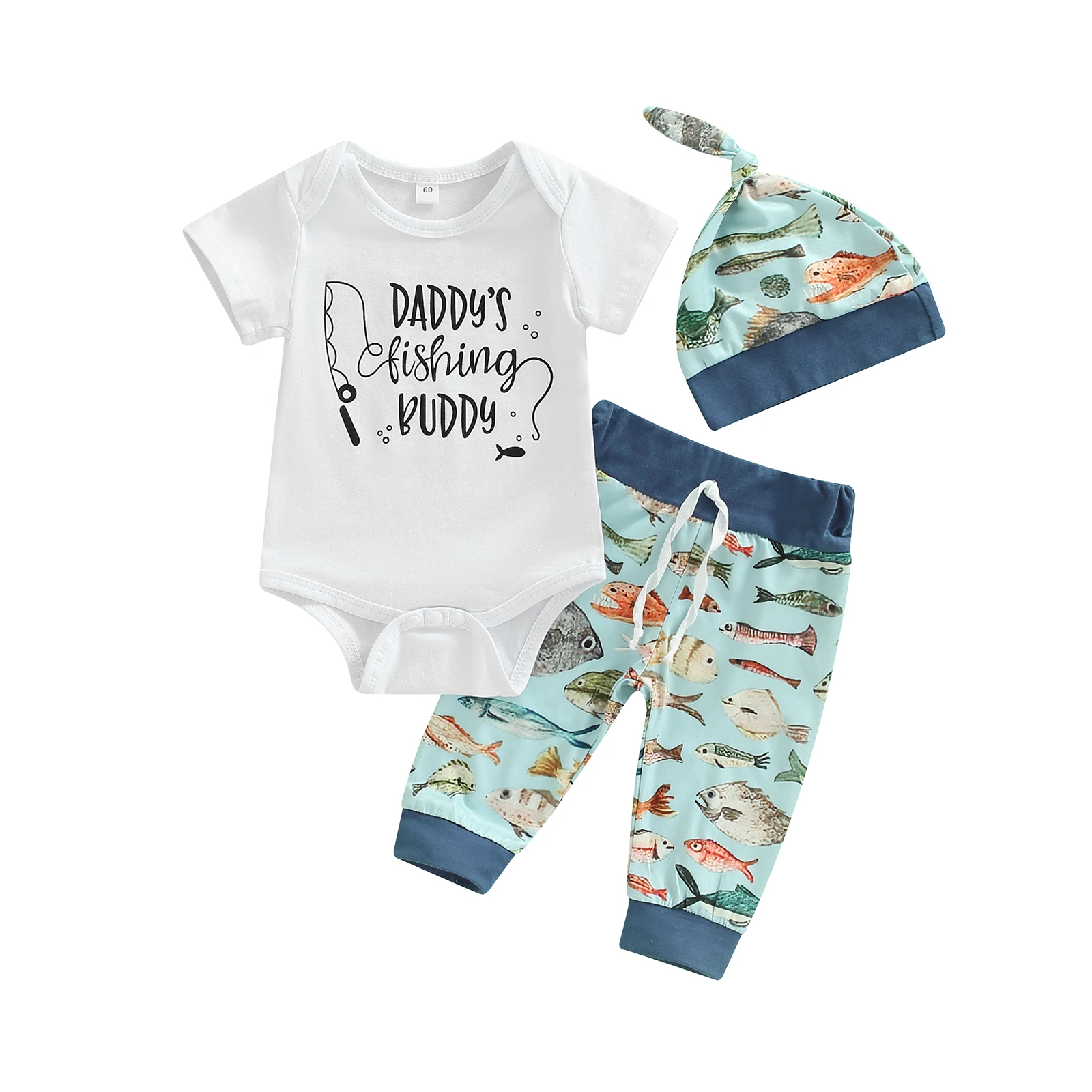 

Newborn Baby Girls Boys Outfits Letter Short Sleeve Romper Colorful Fishes Patchwork Drawstring Trousers Knotted Hat