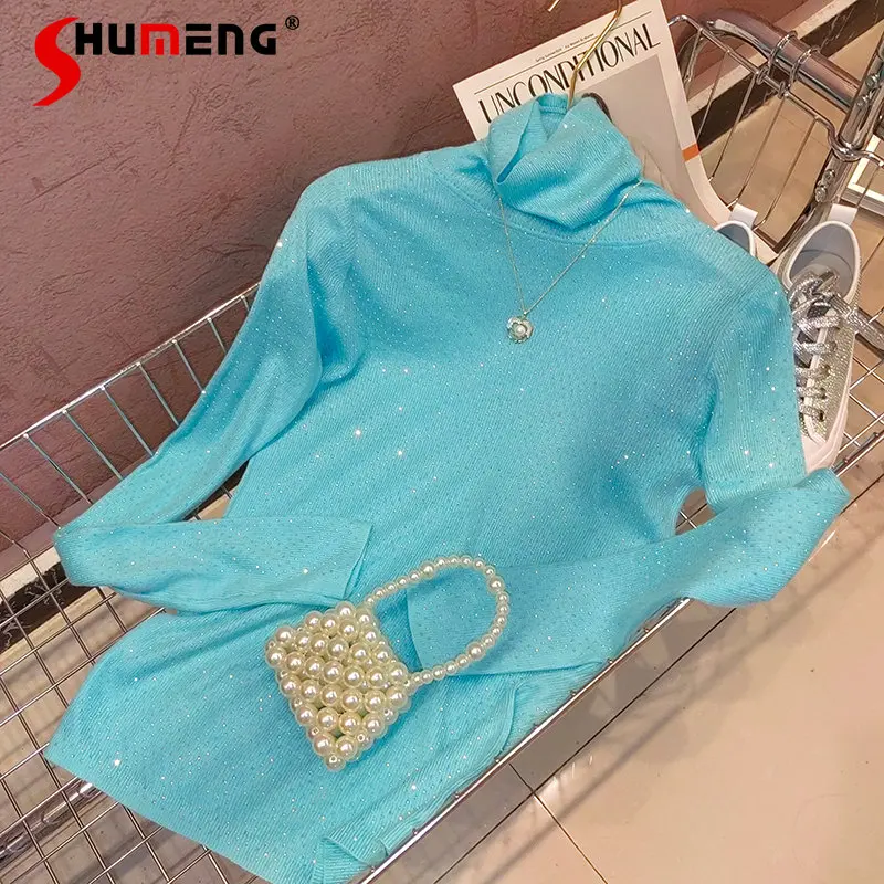 

European 2022 Autumn New Fashion Sweet Turtleneck Knitted T-shirt Women's Elegant High Quality Hot Full Diamond Bottoming Top
