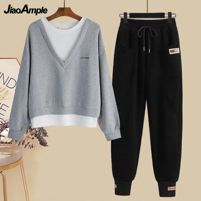 

Women's Spring Autumn Fashion Tracksuit Suit Korean Elegant Fake Two-piece Sport Sweater+High Waist Casual Pants Sportwear Set