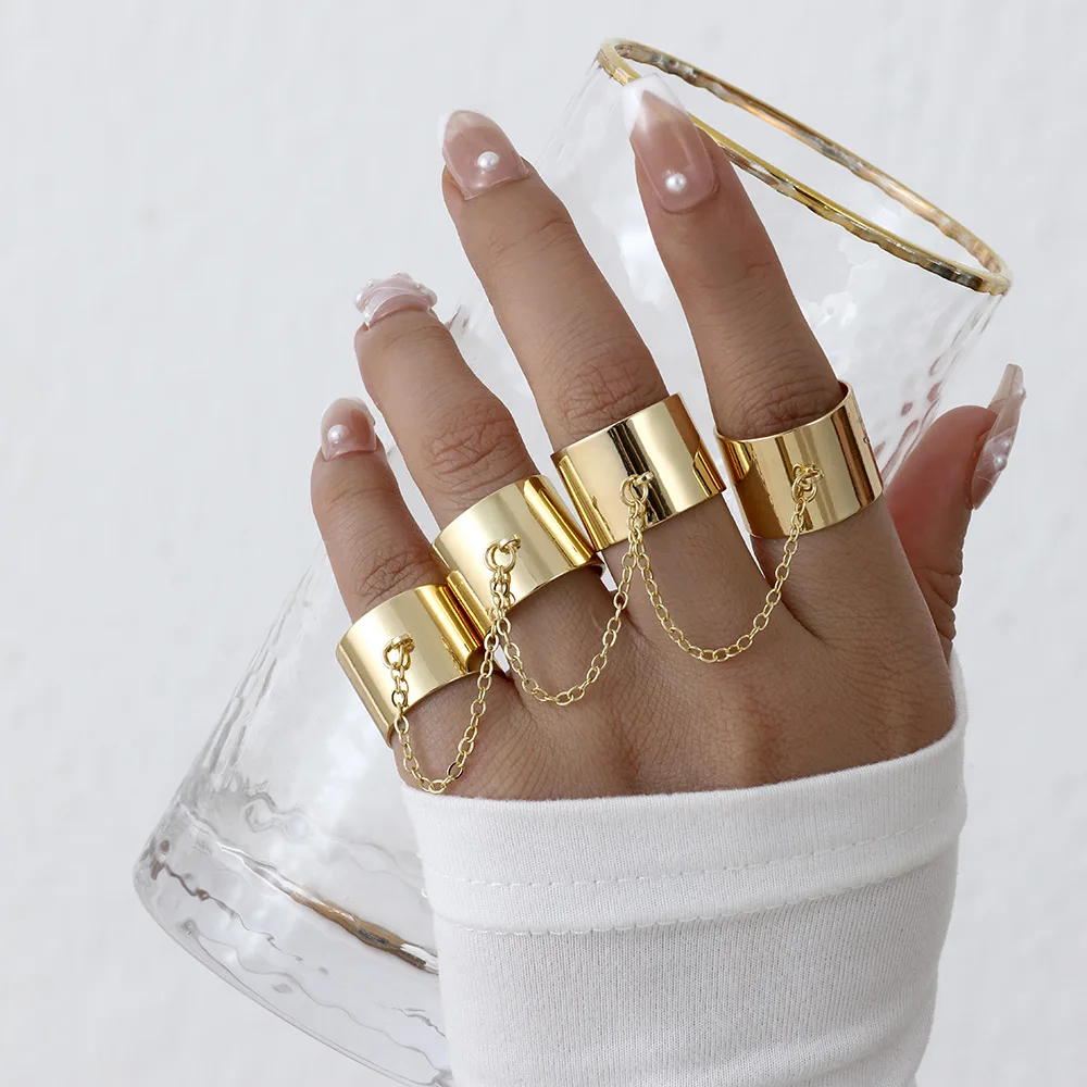 

Metal Punk Hip Pop Rings Multi-layer Adjustable Chain Four Open Finger Rings for Women Men Alloy Man Rotate Rings Unique Jewelry
