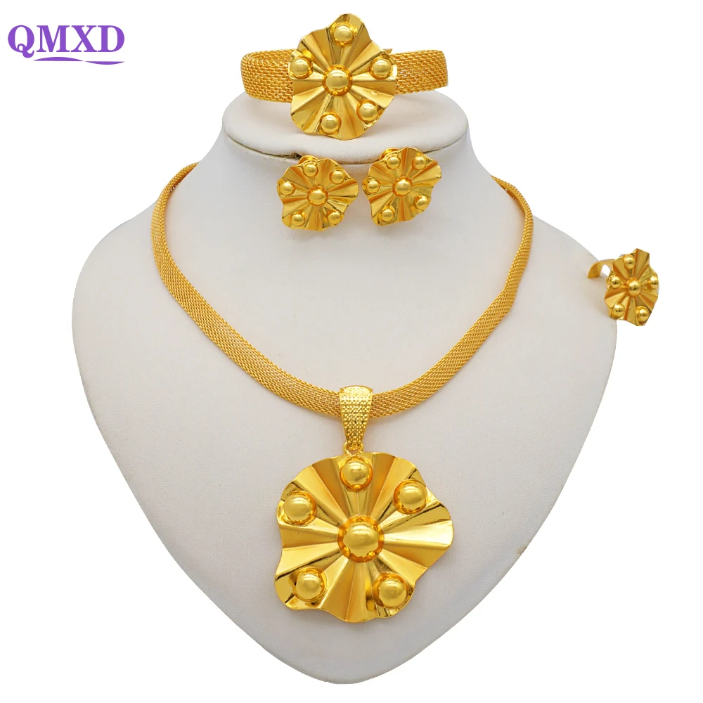 

Fashion Gold Color Bead Jewelry Set Ethiopian Indian Necklace Set For Women Dubai Wedding Gift Jewellery