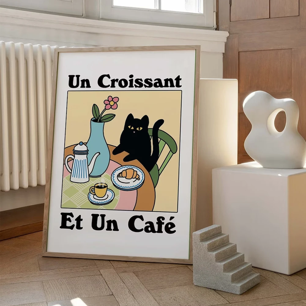 Ретро напиток французское кафе круассан кошка бистро кофе настенные
