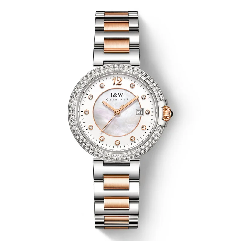 I&W Women Luxury Watches Ladies Watch Vintage Quartz Wristwatch 30M Waterproof Sapphire MOP Dial Steel Strap