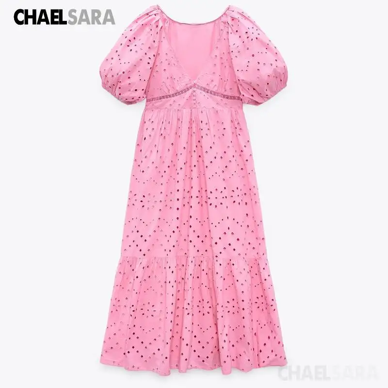 

New Summer Women Robe V Neck Puff Sleeve Party Dress Female Vintage Casual Embroidery Dresses