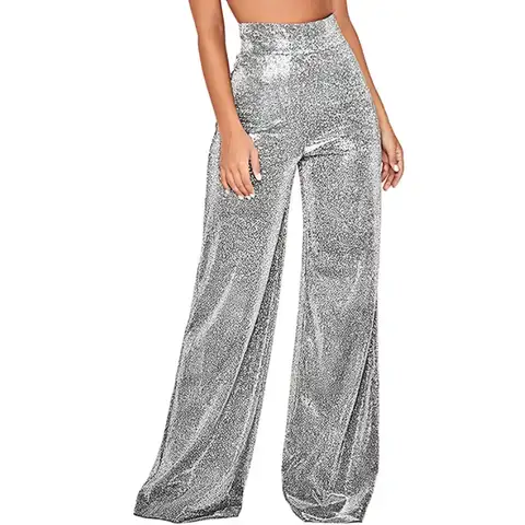 Shiny High Waist Women Pants Fashion Wide Leg Pants Ladies Bottoms Casual Loose Trousers Shining Streetwear Womens Clothes
