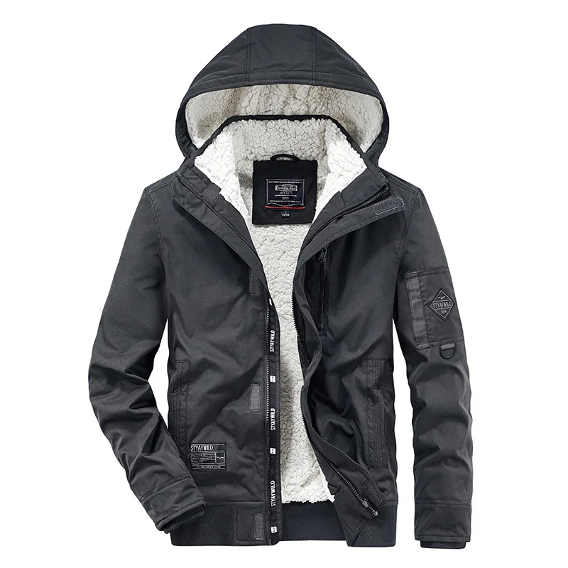 Youth Leisure Plus Velvet Thick Hooded Jacket Mens Fashion Bubble Fleece Lining Tooling Jacket Winter Warm Cotton-padded Jacket