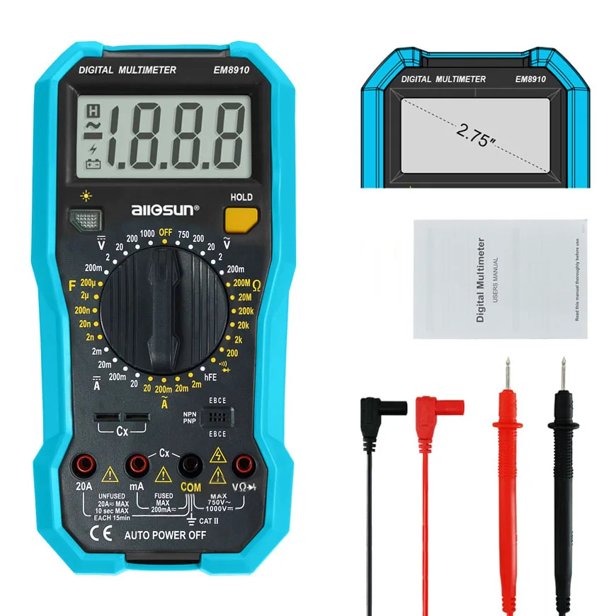 

Портативный Цифровой Мультиметр ом AC/DC V/A, Автомобильный мультиметр all-sun EM8910 с подсветкой