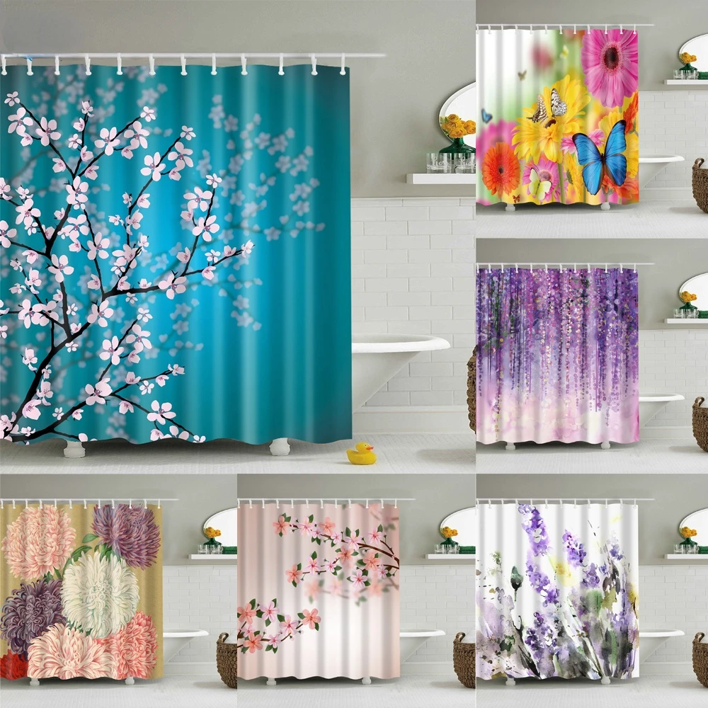 Chinese Style Flower Branch Landscape Shower Curtain 3D Printing Sunflower Bathroom Accessories Sets Waterproof Polyester Screen