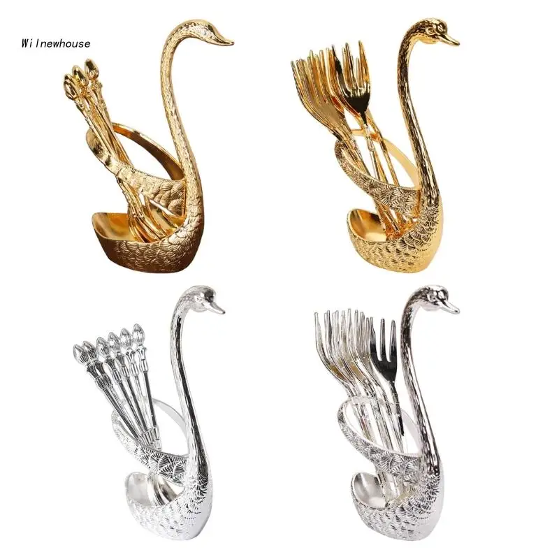 

F63A 6PCS Stainless Steel Fruit Forks Stirring Spoons with Swan Holder for Cake Coffe