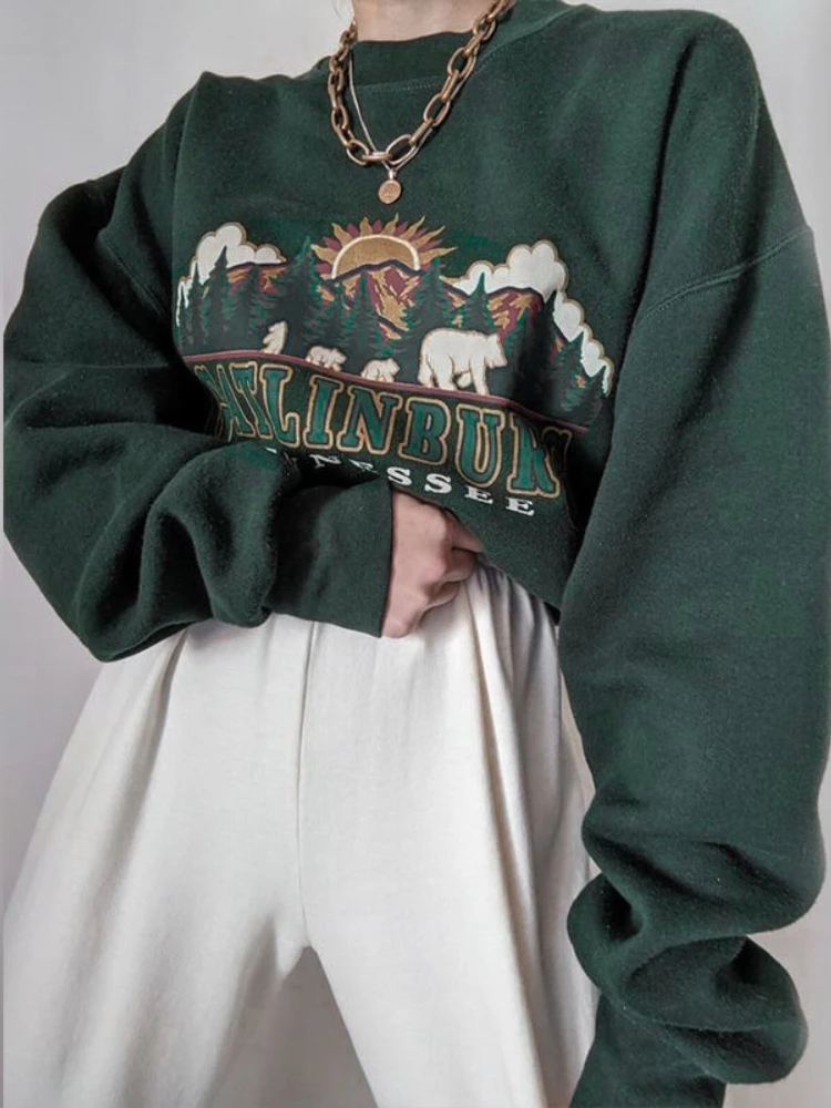 Женская толстовка в стиле ретро QWEEK Y2K винтажная зеленая Толстовка 90-х годов