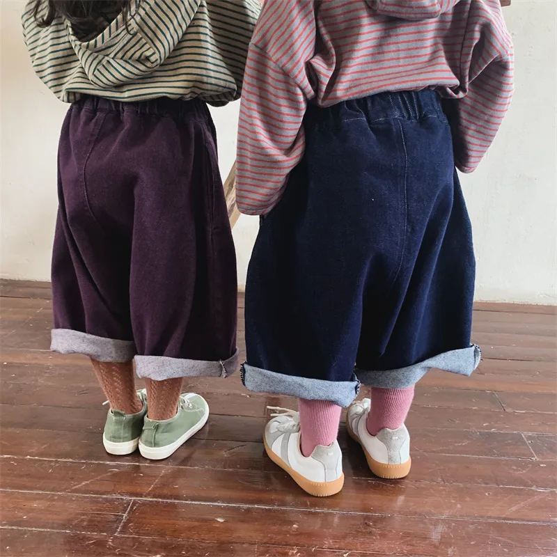 2022 Autumn Kids loose denim wide leg pants Boys and Girls cotton casual all-match calf length jeans