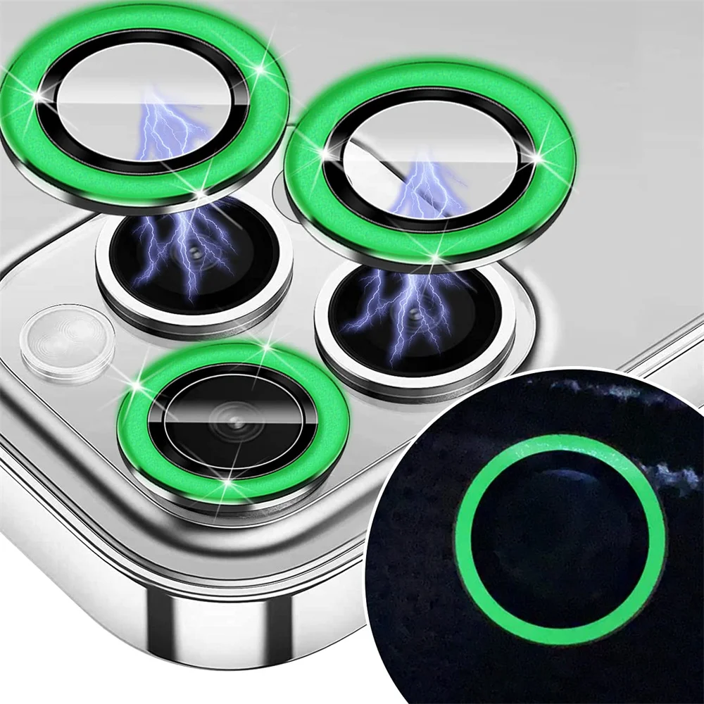 50pcs Luminous Lens Glass Protector For iPhone 14 12 13 Pro Max 12Mini Glowing Camera Glass Metal Ring For iPhone 11 14 Pro Max