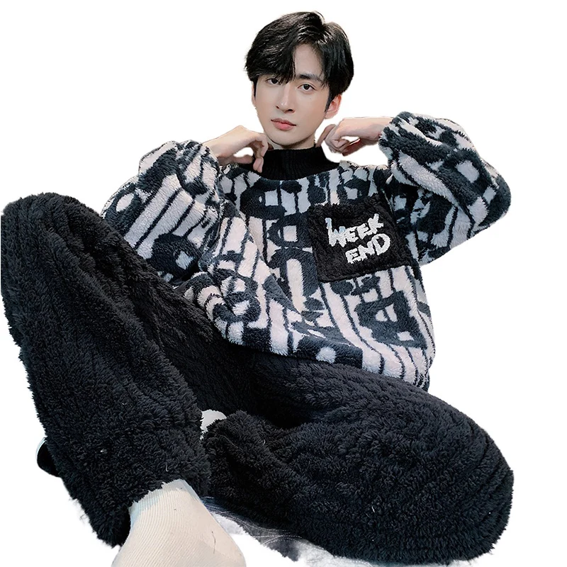 QUHENG Flannel Men Pajama Sets Thick Warm Long Sleeve 2022 Winter Cartoon Coral Velvet Man Sleepwear Suit Pyjamas Homewear