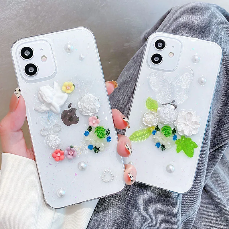 

Luxury Epoxy 3D Flower Butterfly Angel Transparent Soft Epoxy Case For iphone 13 12 11 Pro Max Mini XS X XR 8 7 Plus SE2020 2022