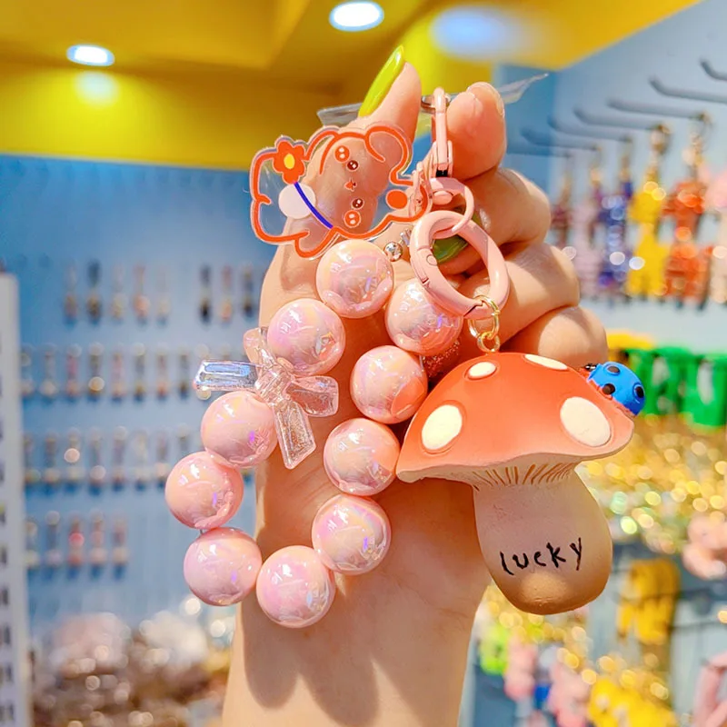 Цепочка для ключей с бусинами, цепочка для ключей для женщин, светящийся брелок с подвеской в виде грибов на удачу, новинка 2023, модная Подарочная бижутерия