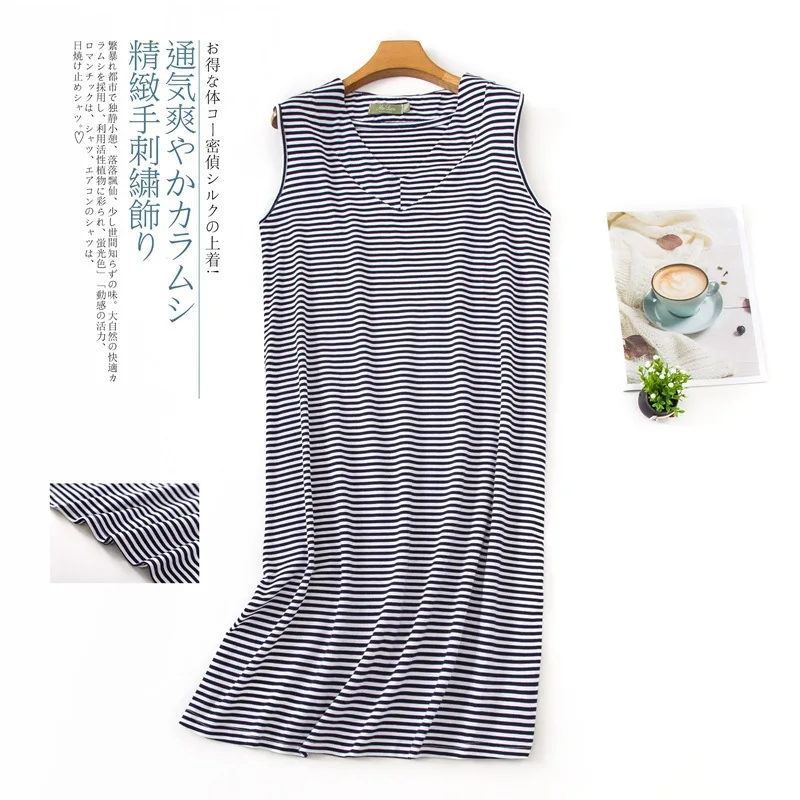 Summer Black Stripe Nightgown For Women Elastic Nightdress Women's Cotton V-Neck Sleeveless Nightwear Fashion Casual Dress