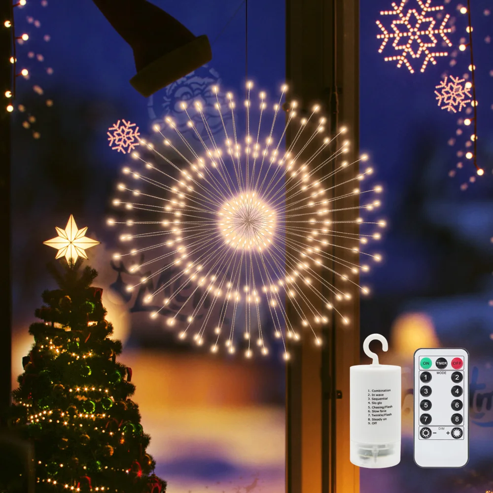 Outdoor LED Firework Light 180LEDs Remote Control Hanging Starburst Garland Lights Waterproof Fairy Twinkle Lamp Christmas Decor