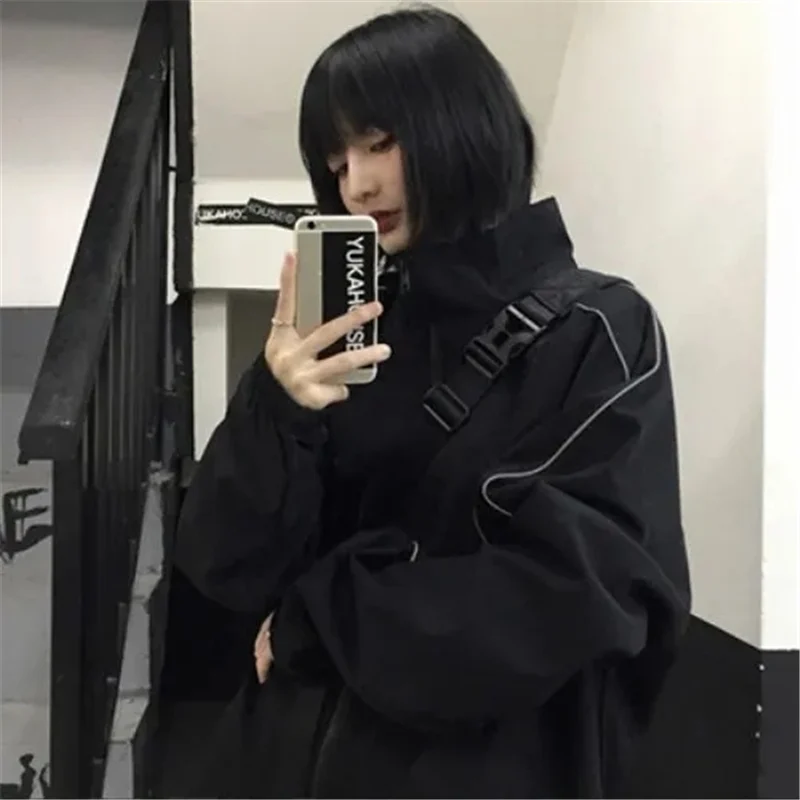 

Women's Autumn Fashion Korean Style Reflective Jacket Casual Full with Black Loose Korean Clothing Classic Retro Outerwear