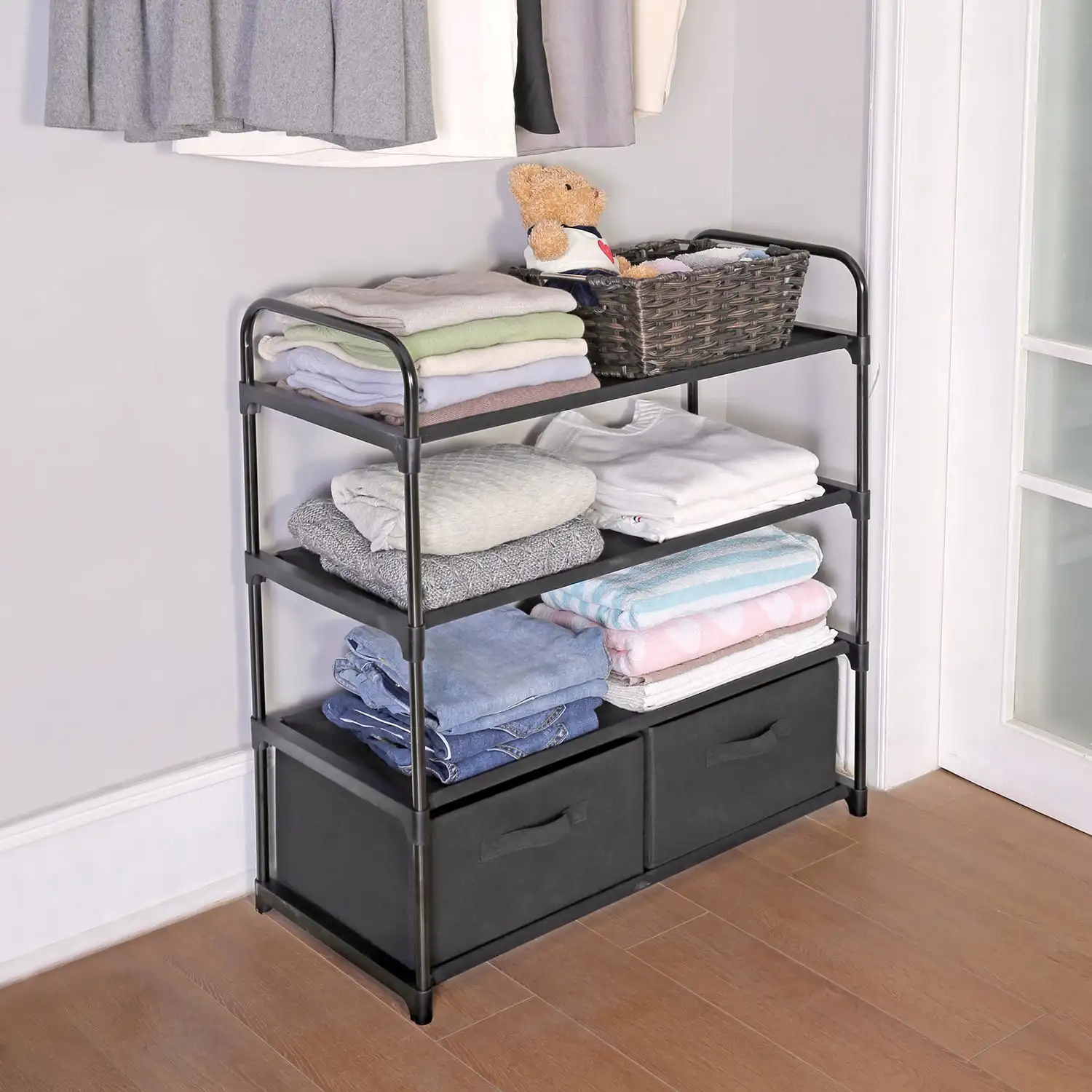 

Mainstays 4 Shelf Closet Organizer with 2 Bins, Black, Adult and Kids,