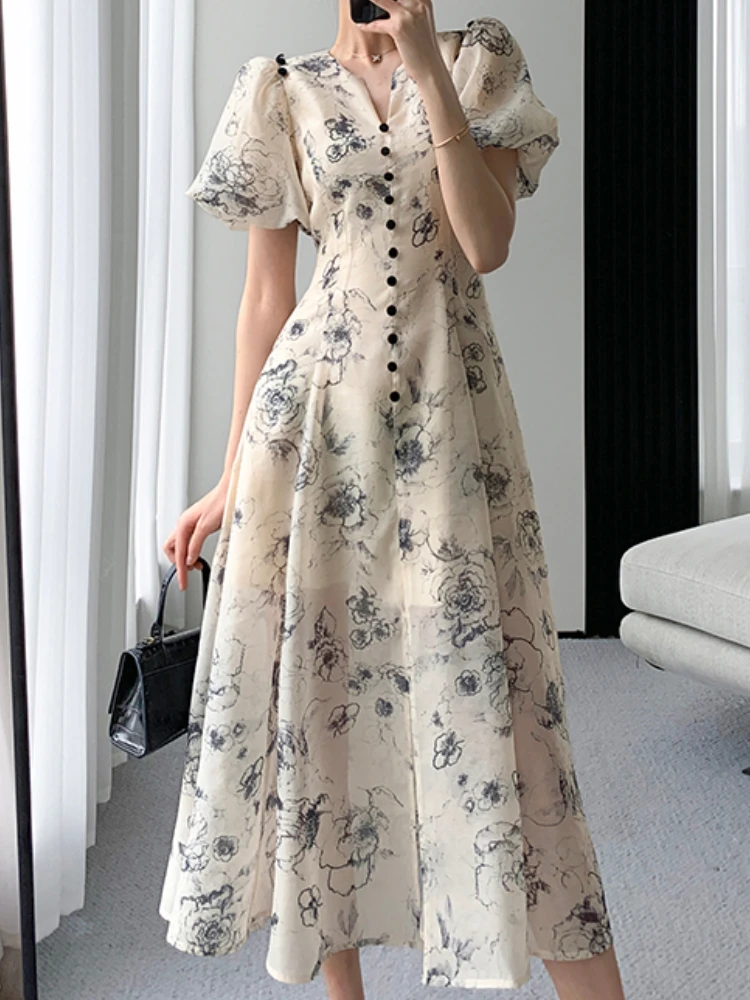 

Women Elegant Casual Floral Print Midi Party Dress Office Slim Vintage A-Line Prom Beach Maxi Vestidos Femme Fashion Robe New