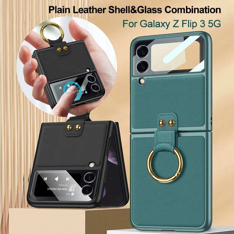 

GKK Original Case For Samsung Galaxy Z Flip 3 5G Case Leather Back Screen Tempered Glass Hard Frame Cover For Samsung Z Flip 3