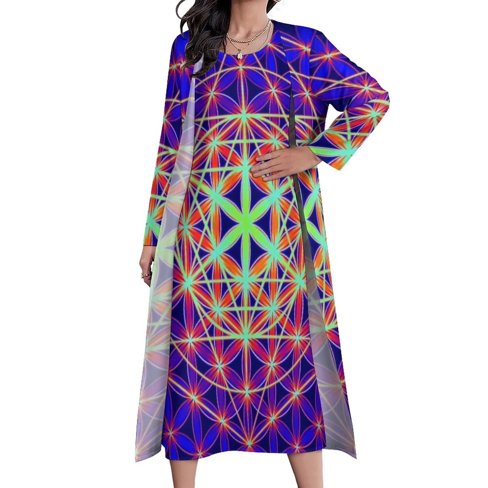 

Платье с геосвященным принтом, психоделический цветок жизни, женское Макси-Платье, уличная одежда, богемные пляжные длинные платья, графическая Одежда большого размера