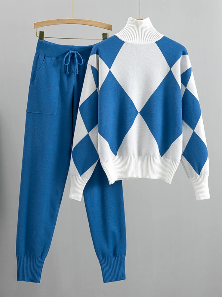 

Winter Autumn Women Sweater Suits Knitted Plaid Turtleneck Pullovers High Waist Pencil Pants Two Piece Sets Womens Outifits 2023