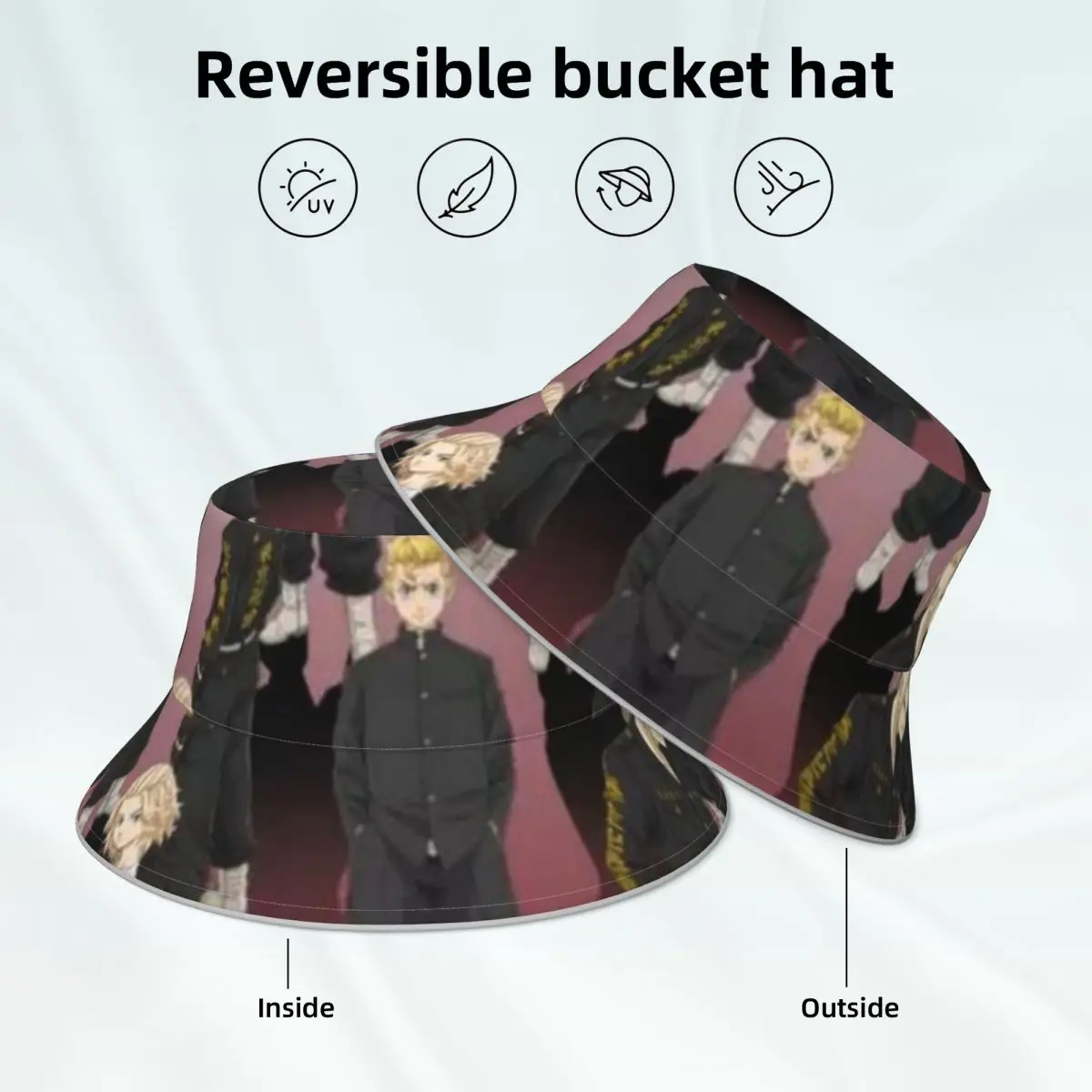 

Tokyo Revengers Bucket Hat Manji Gang Streetwear Fashionable Reflective Fisherman Hats Printed Reversible Sun Hat