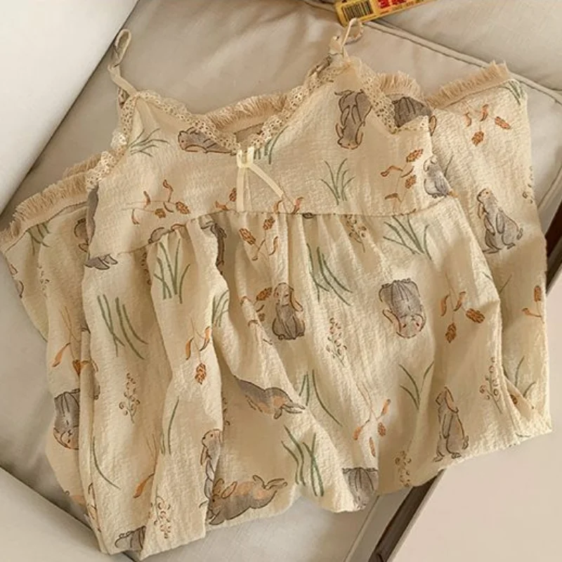 QWEEK Rabbit Print Sleepwear Gauze Kawaii Cotton Sweet Women Clothing Korean Spaghetti Strap Loungewear