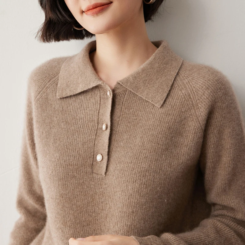 Свитер-поло из козьего кашемира с воротником для женщин роскошный деловой