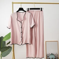 ice silk pajamas womens short sleeved fashion casual simple loose suit silk two piece home clothes