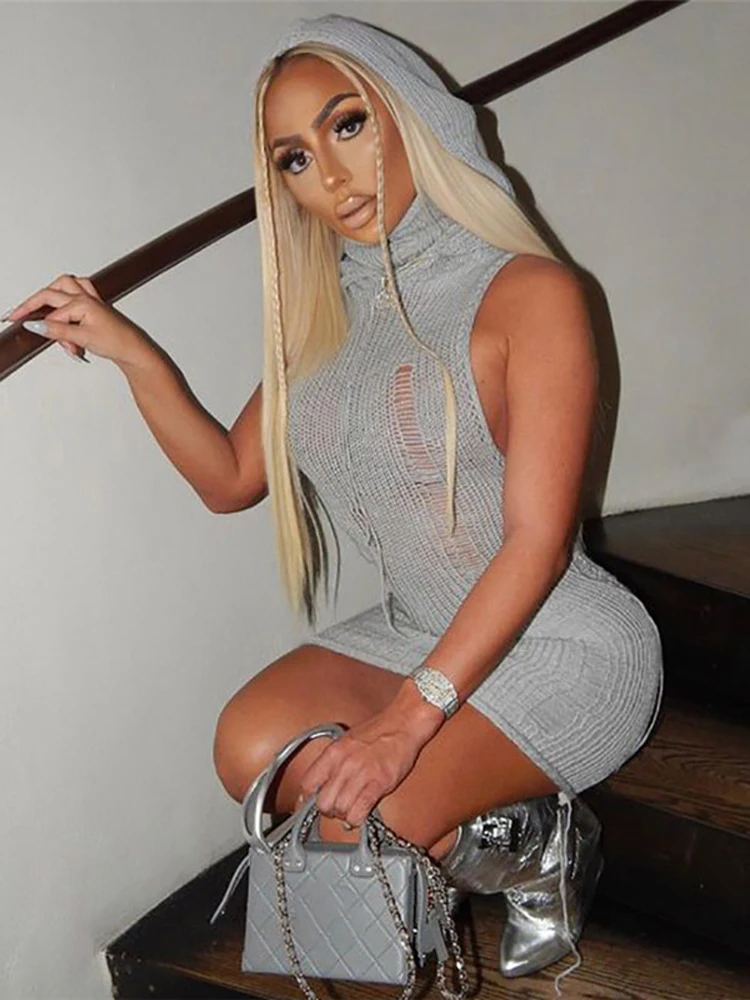

Ladies Hollow Out Sexy Club Wear Y2K Clothes Sleeveless Hoodies Bodycon Mini Dresses For Women 2023 Vacation Streetwear Outfits