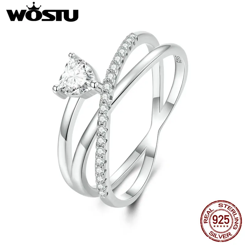 

WOSTU Real 925 Sterling Silver Heart Wedding Engagement Ring For Women Multi Layer Clear AAA Zircon Promise Rings Fine Jewelry