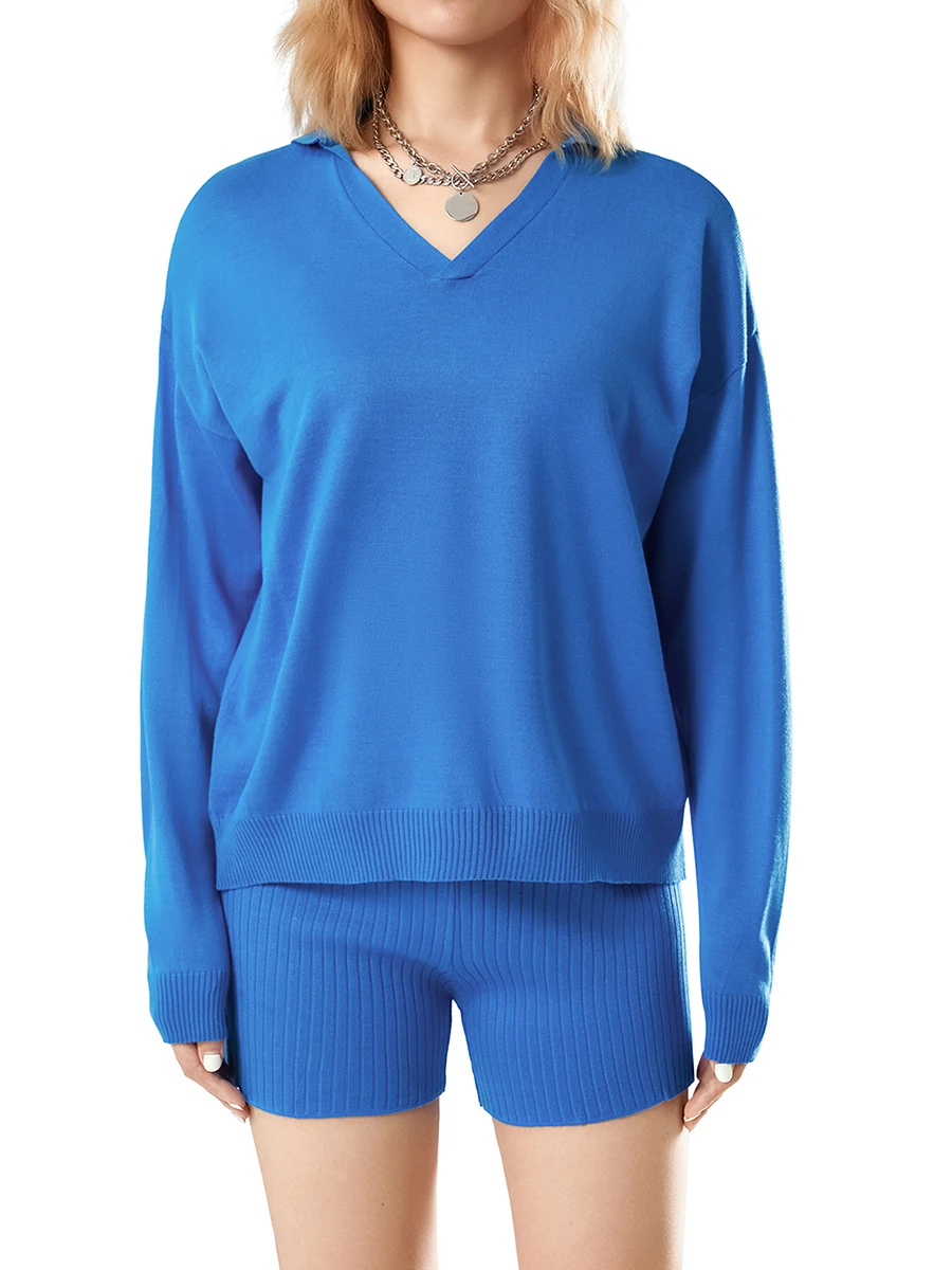 

Txlixc Women Knitting Clothes Suit Short Sets Solid Color V-Neck Loose Long Sleeve Tops Sweaters High Waist Shorts
