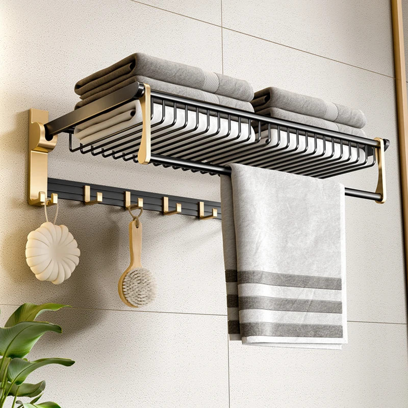 

Bathroom Towel Holder No Drill Towel Rack Foldable Aluminum Stainless-Stell Storage Shelves Wall Mounted Bathroom Product