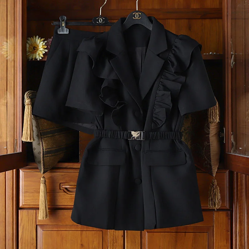 Two Pieces Set Women 2021 Summer Single Button Loose Ruffle Blazer Suits Solid Short Sleeve Shorts Office Ladies Suits Large