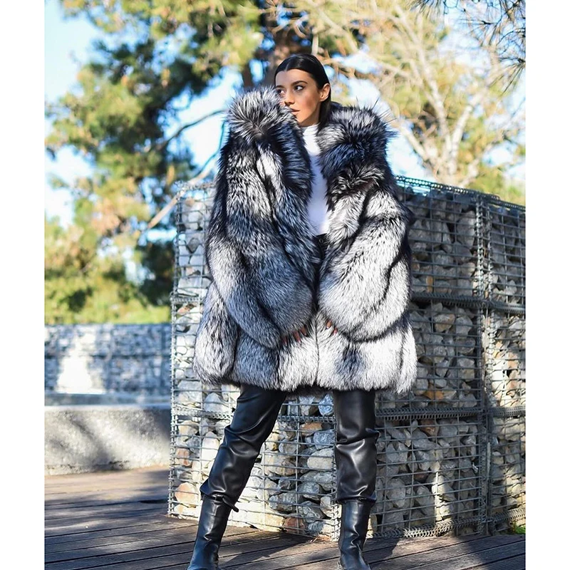 Genuine Sliver Fox Fur Coat Woemn Winter New Hooded Thicken Long Sleeve Outertwear Natural Warm Fox Fur Jackets Female