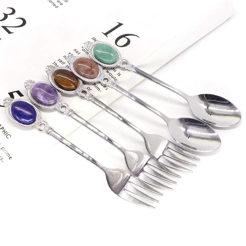 

Spoon and Fork Set Oval Natural Stone Amethysts Setting Healing Crystals Cabochon Gem Tableware With Box Home Decor Wedding Gift