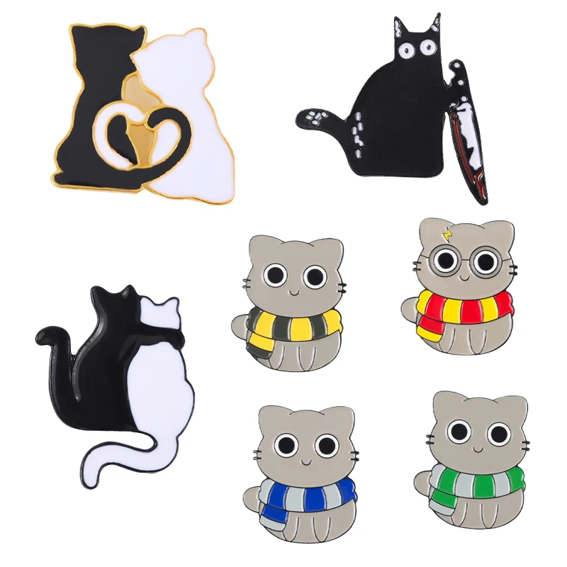 

Black Cat with Knife Pins for Woman Couple Magic School Enamel Pin Witchcraft Cute Kitten Striped Scarf Brooch Lapel Badge Gift