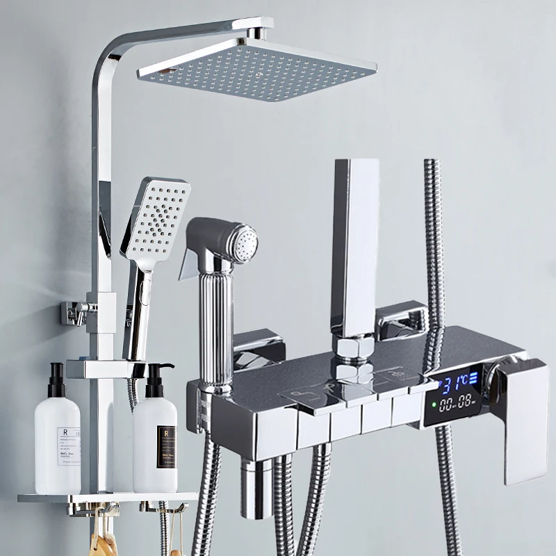 

Золотой пианино с цифровым дисплеем, душевой набор для ванной комнаты, латунный смеситель для ванной комнаты, аксессуары, термостатическая цифровая душевая система для ванной комнаты