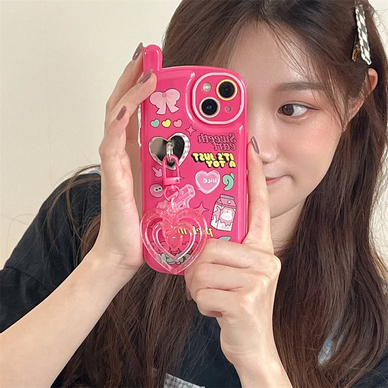 

Korea Illustration Phone Case For iPhone 11 12 13 14 Pro Max Couqe XS Max X XR Cute 3D Pink Heart Pendant Kawaii Soft Cover Capa