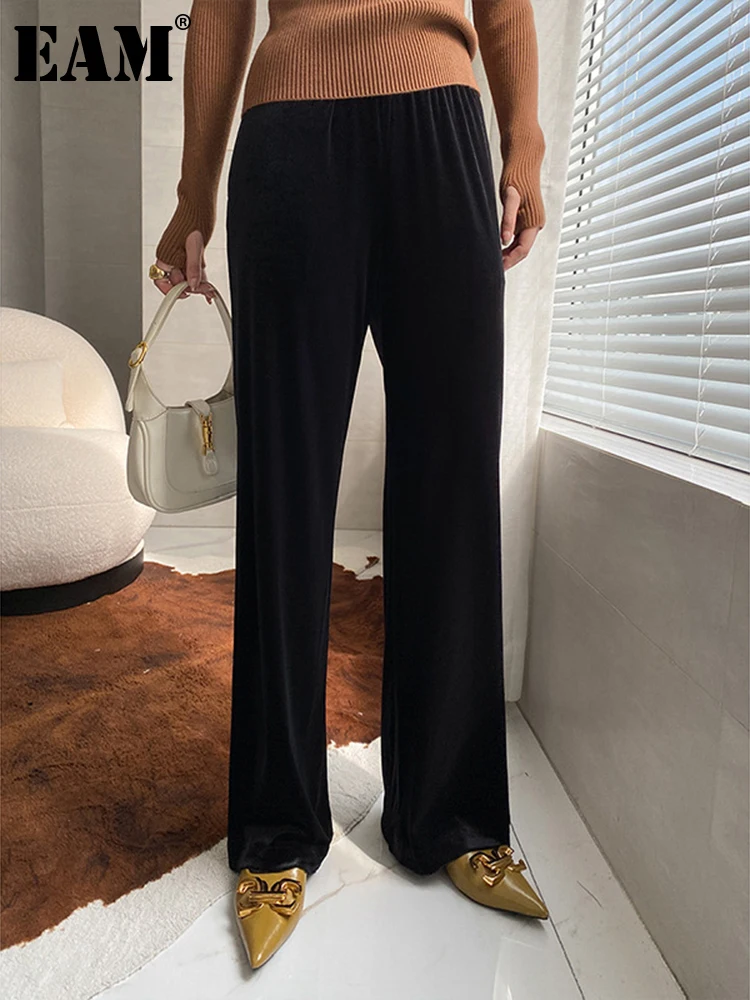 

[EAM] High Elastic Waist Black Velvet Long Wide Leg Pants New Loose Fit Trousers Women Fashion Tide Spring Autumn 2022 1DF2310
