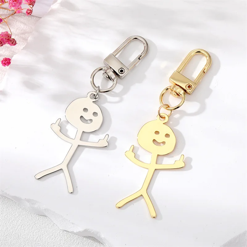 

2023 Funny Middle Finger Stickman Keychain Cute Trend Titanium Steel School Bag Car Key Pendant Couple New Trinket Gift Keyrings